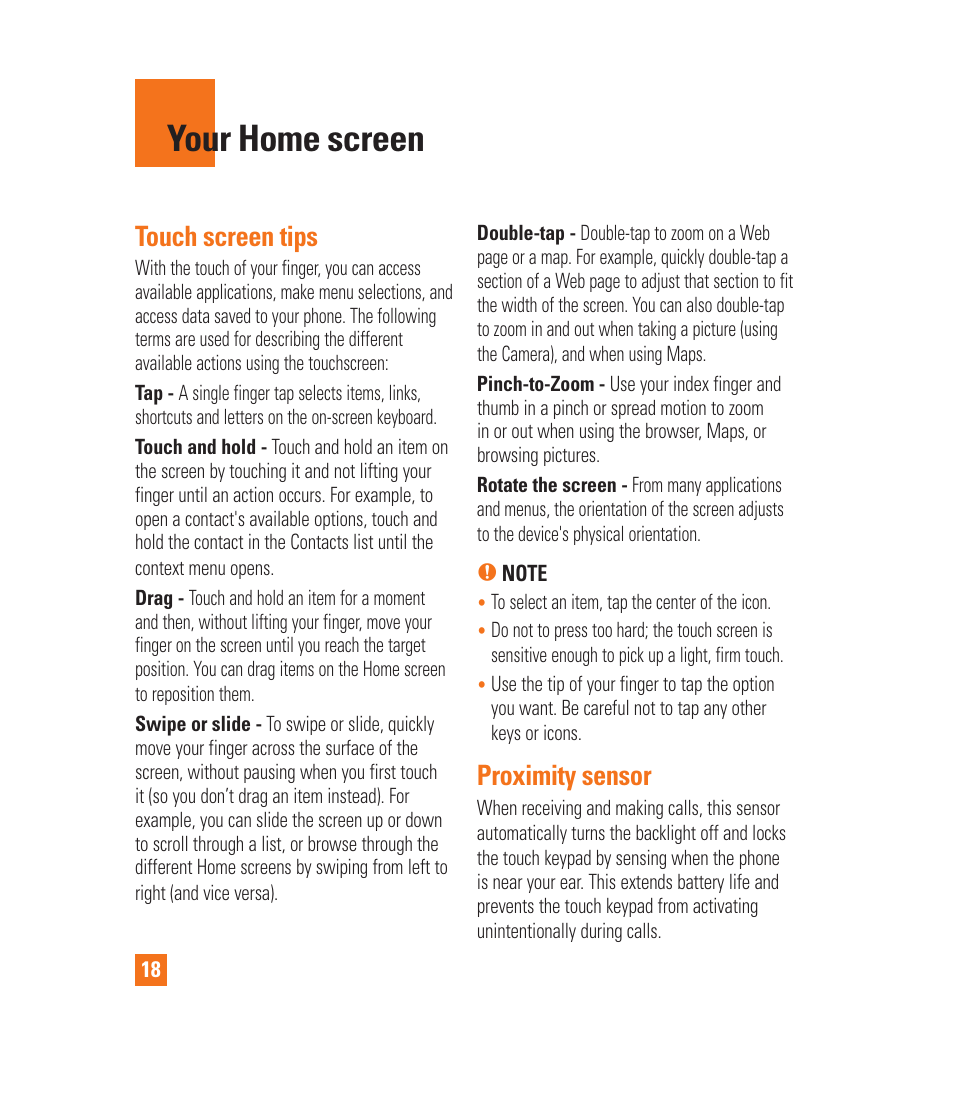 Your home screen, Switching between and exiting, Applications | Touch screen tips, Proximity sensor | LG LGP930 User Manual | Page 18 / 104