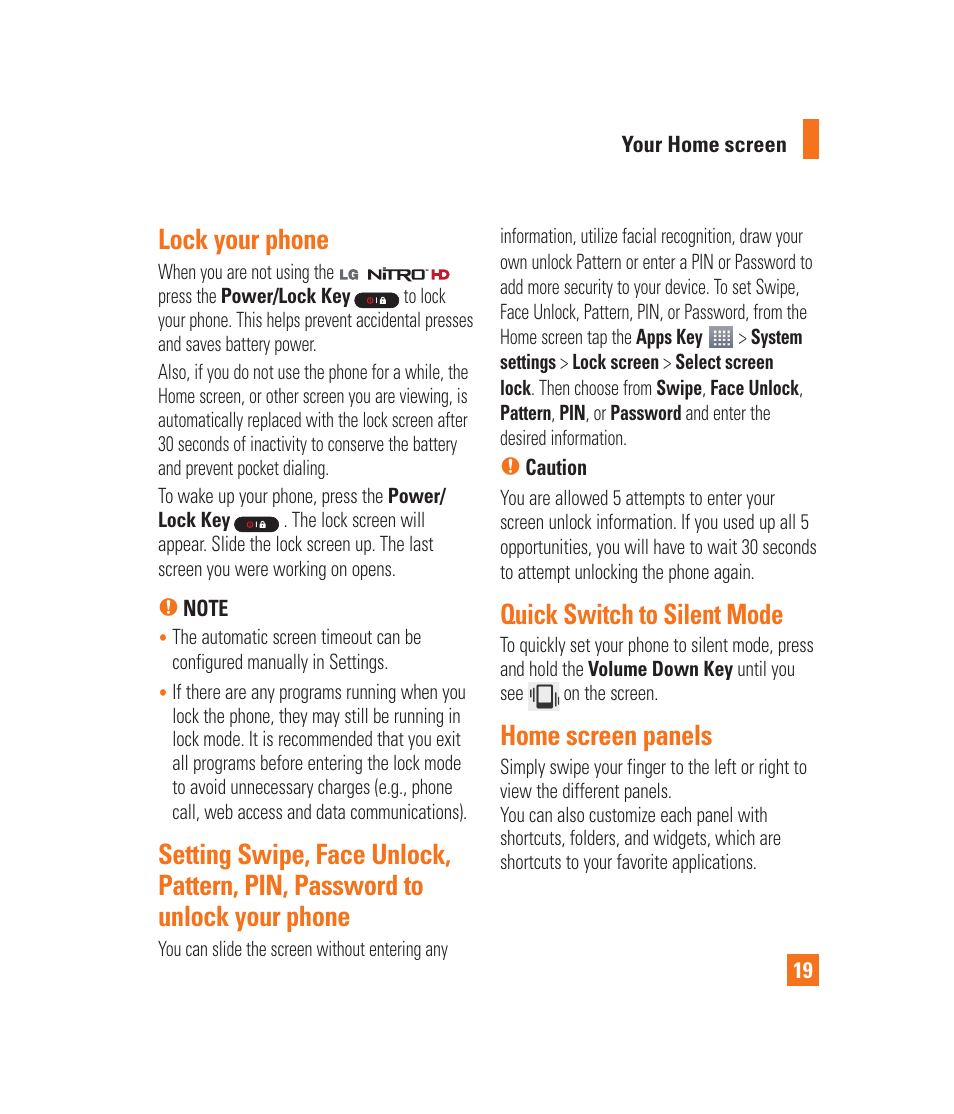 Lock your phone, Quick switch to silent mode, Home | Touch screen tips, Proximity sensor, Setting swipe, face unlock, pattern, Pin, password to unlock your phone 19, Home screen panels | LG LGP930 User Manual | Page 19 / 104