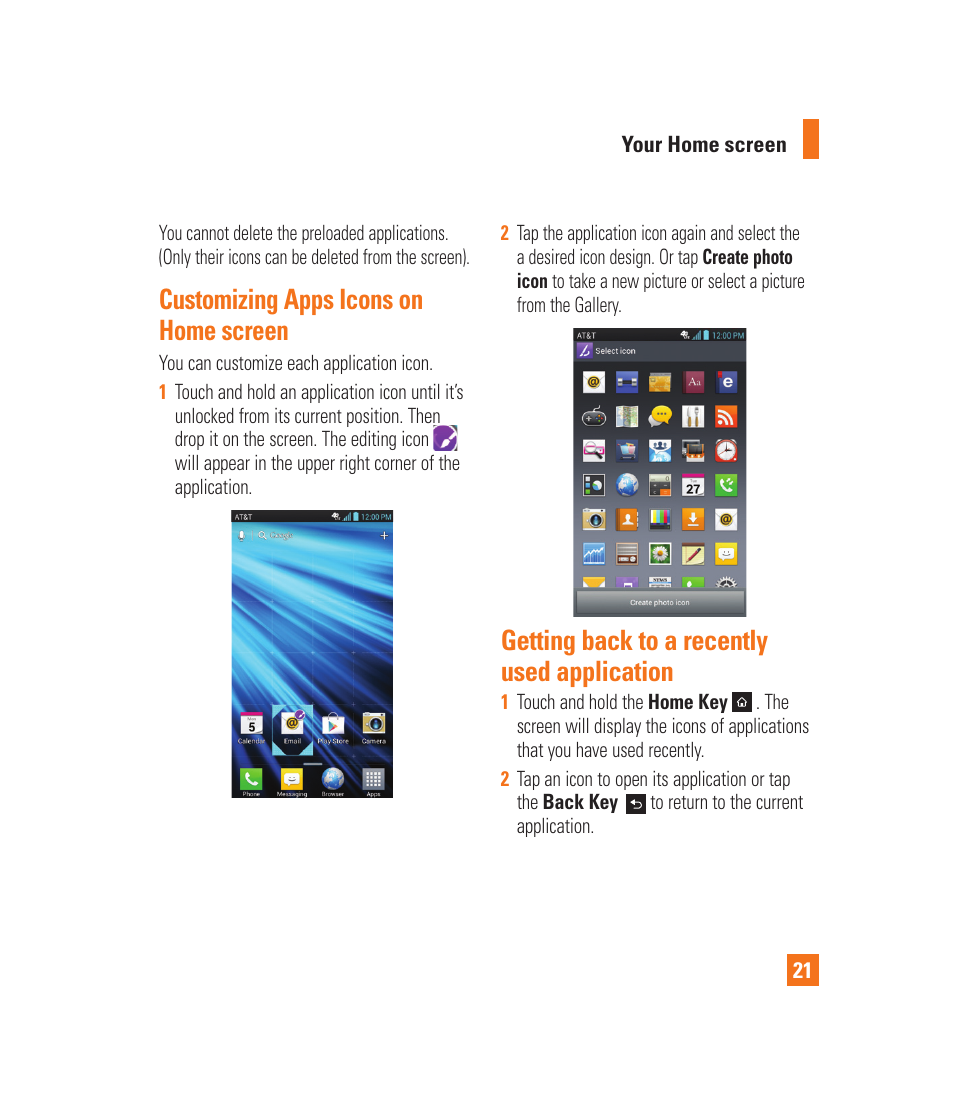 Customizing apps icons on home screen, Getting back to a recently used application, Home screen panels | Customizing your home screen, Customizing apps icons on home, Screen | LG LGP930 User Manual | Page 21 / 104