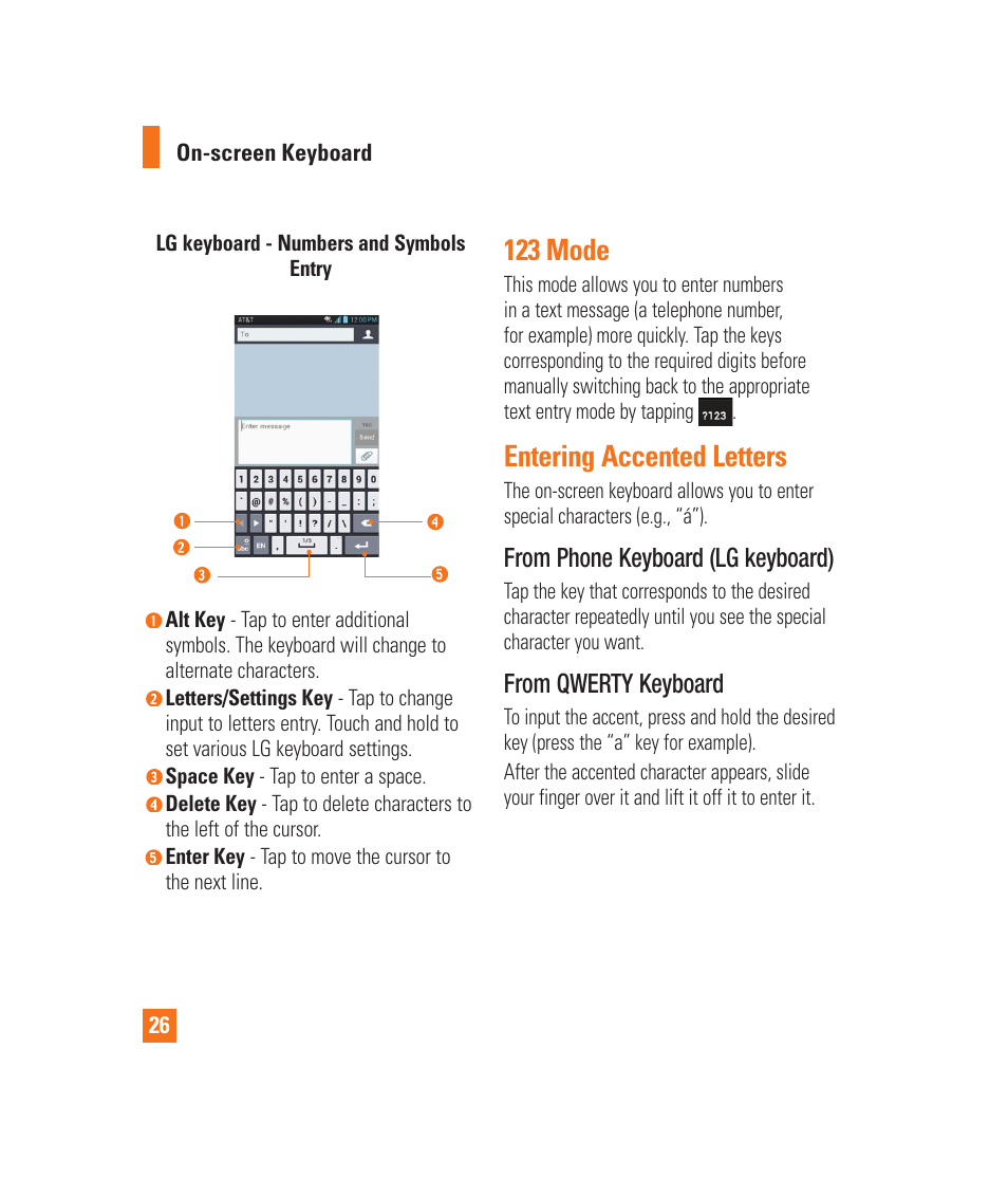 123 mode, Entering accented letters, Viewing the status bar | On-screen keyboard | LG LGP930 User Manual | Page 26 / 104