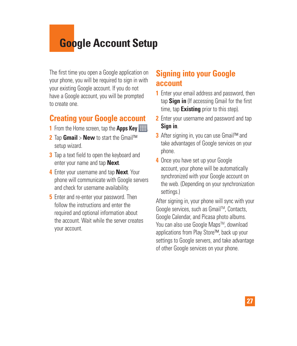 Google account setup, Entering accented letters, Creating your google account | Signing into your google account | LG LGP930 User Manual | Page 27 / 104