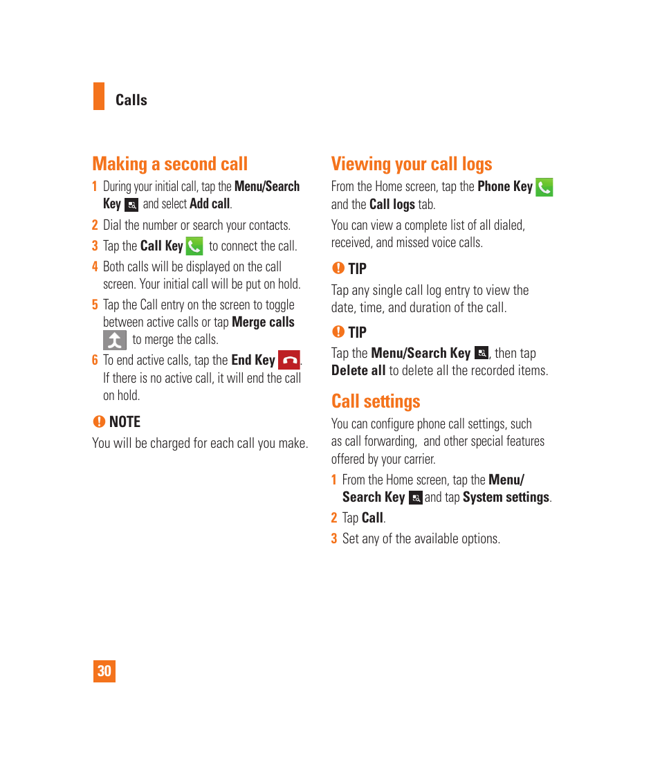 Making a second call, Viewing your call logs, Call settings | Answering and rejecting a call, Adjusting the in-call volume | LG LGP930 User Manual | Page 30 / 104