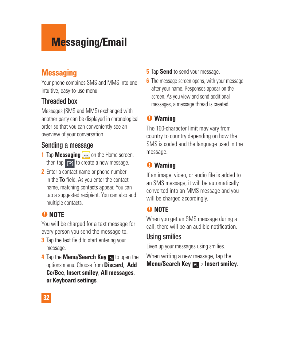 Messaging/email, Favorite contacts, Messaging | Threaded box, Sending a message, Using smilies | LG LGP930 User Manual | Page 32 / 104