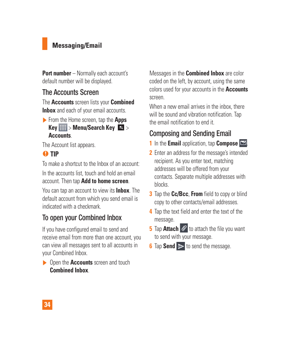 The accounts screen, Composing and sending email | LG LGP930 User Manual | Page 34 / 104