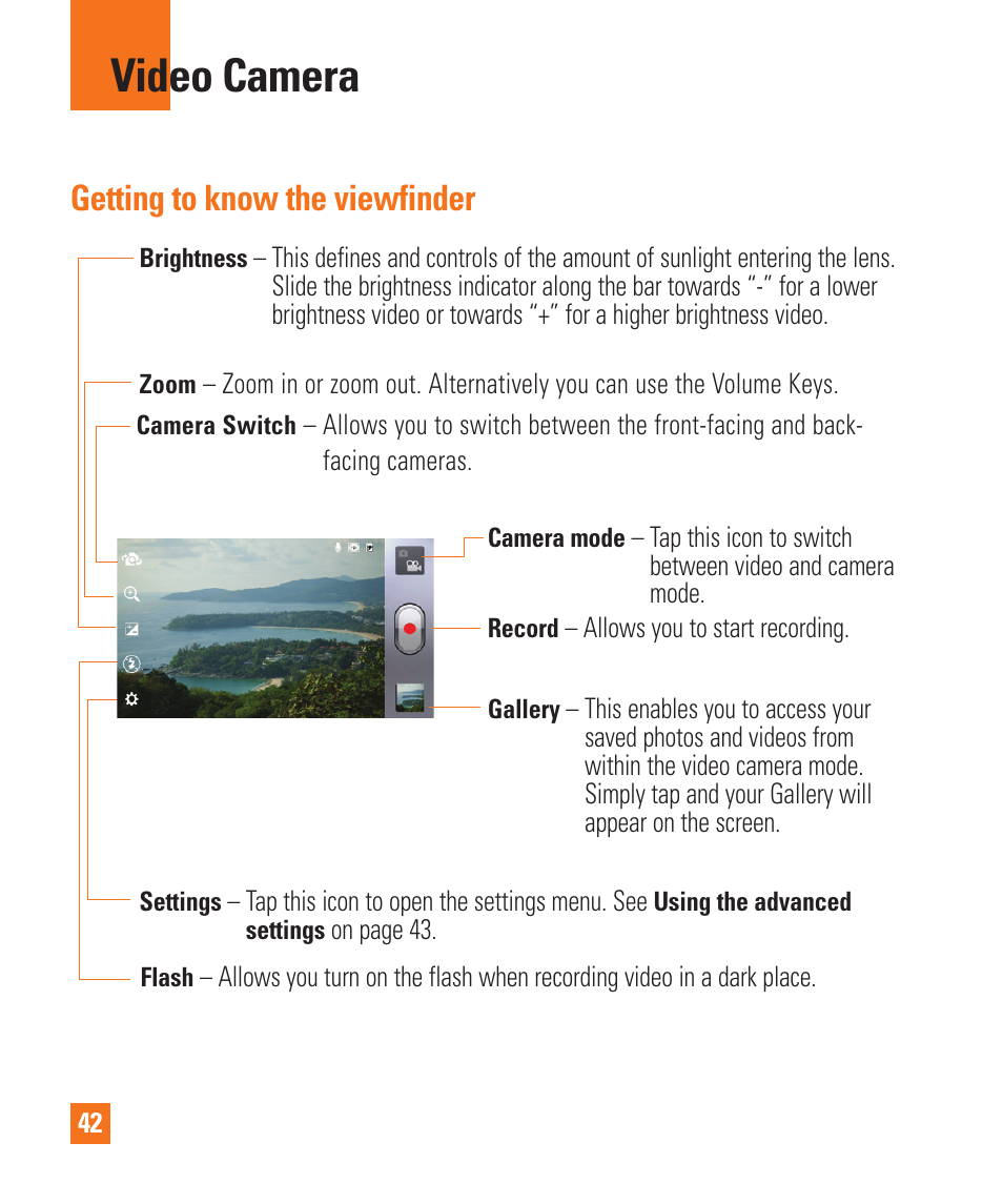 Video camera, Viewing your saved photos, Getting to know the viewfinder | LG LGP930 User Manual | Page 42 / 104