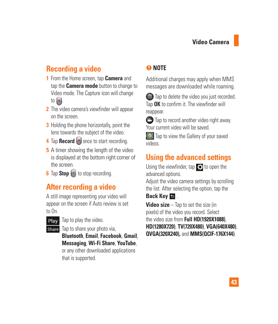 Recording a video, After recording a video, Using the advanced settings | Video camera getting to know the viewfinder | LG LGP930 User Manual | Page 43 / 104