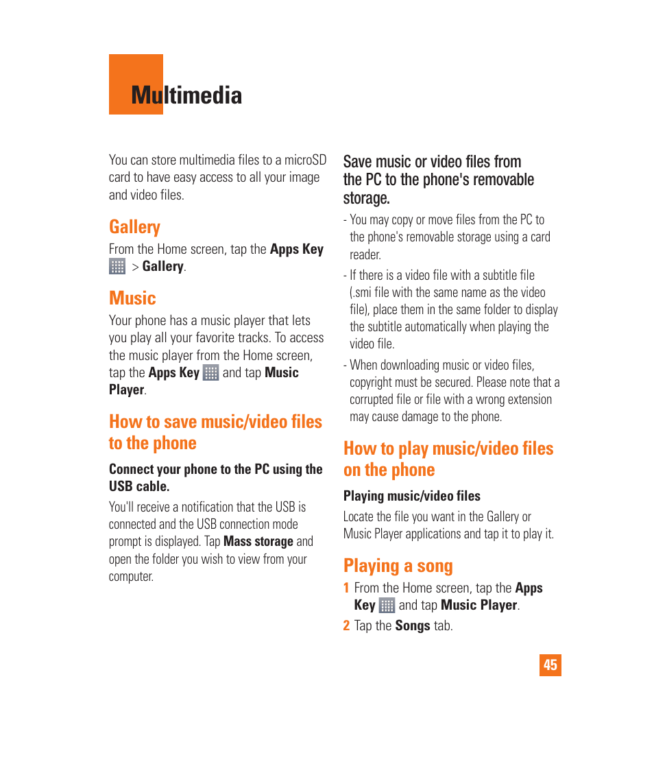 Multimedia, Adjusting the volume when viewing a, Gallery | Music, How to save music/video files to the, Phone, How to play music/video files on the, How to save music/video files to the phone, How to play music/video files on the phone, Playing a song | LG LGP930 User Manual | Page 45 / 104