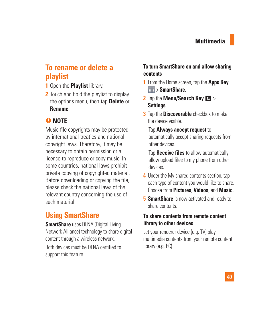 To rename or delete a playlist, Using smartshare, To add a song to a playlist | To remove a song from a playlist | LG LGP930 User Manual | Page 47 / 104