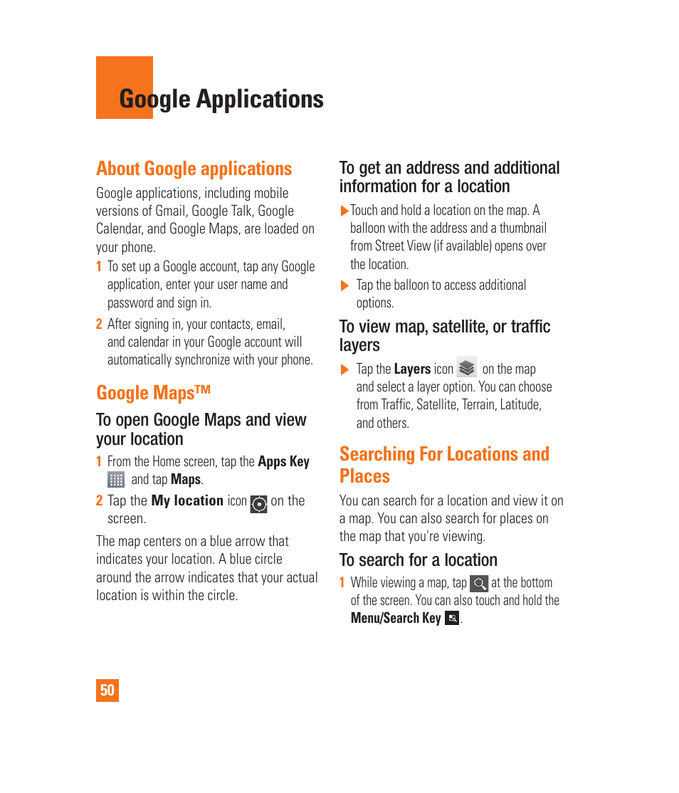 Google applications, Using smartshare, Google applications about google applications | About google applications, Google maps, Searching for locations and places | LG LGP930 User Manual | Page 50 / 104