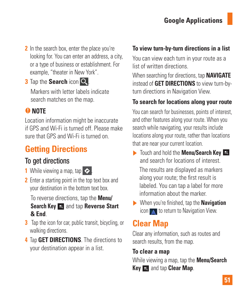 Getting directions, Places, Google maps | Searching for locations and places .50, Clear map | LG LGP930 User Manual | Page 51 / 104