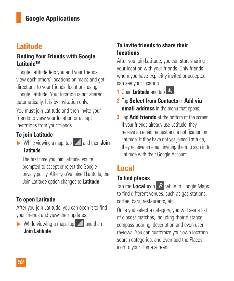 Clear map, Latitude, Getting directions | Local | LG LGP930 User Manual | Page 52 / 104