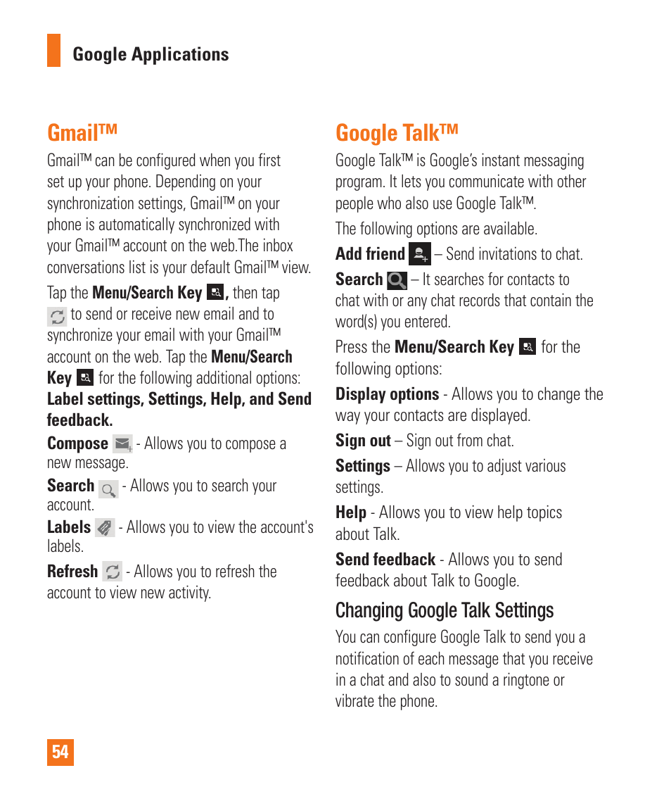 Gmail, Google talk, Play store | Changing google talk settings | LG LGP930 User Manual | Page 54 / 104