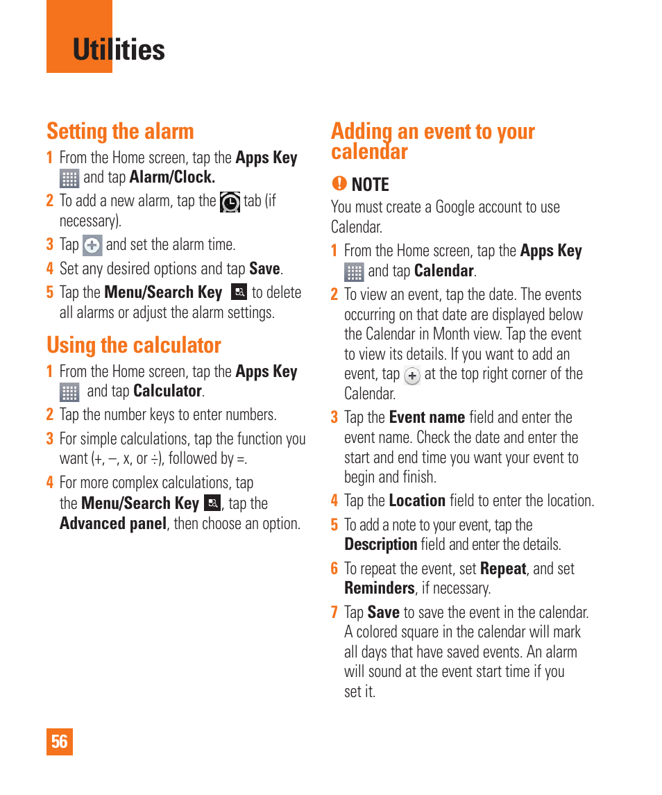 Utilities, Utilities setting the alarm, Using the calculator | Setting the alarm, Adding an event to your calendar | LG LGP930 User Manual | Page 56 / 104