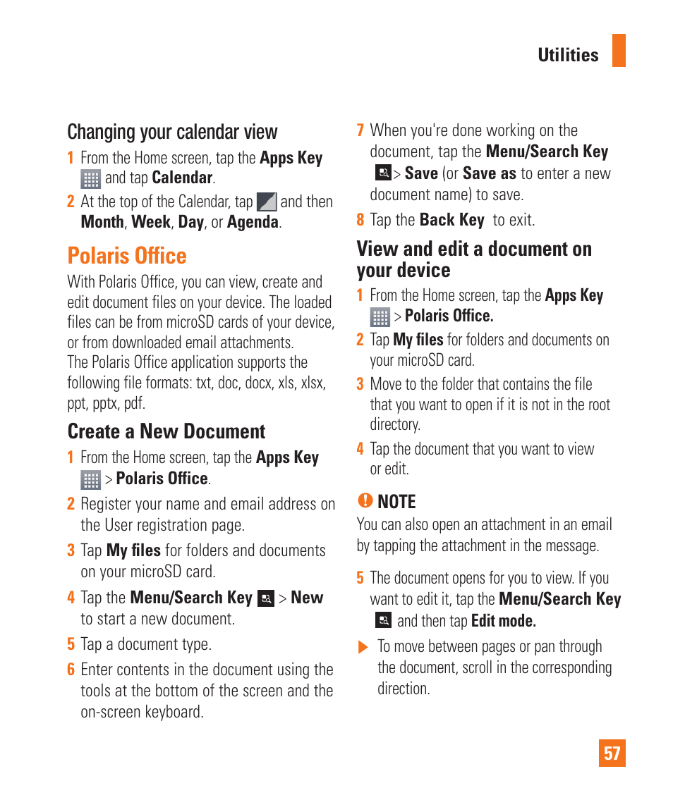 Polaris office, Adding an event to your calendar, Changing your calendar view | Create a new document, View and edit a document on your device | LG LGP930 User Manual | Page 57 / 104