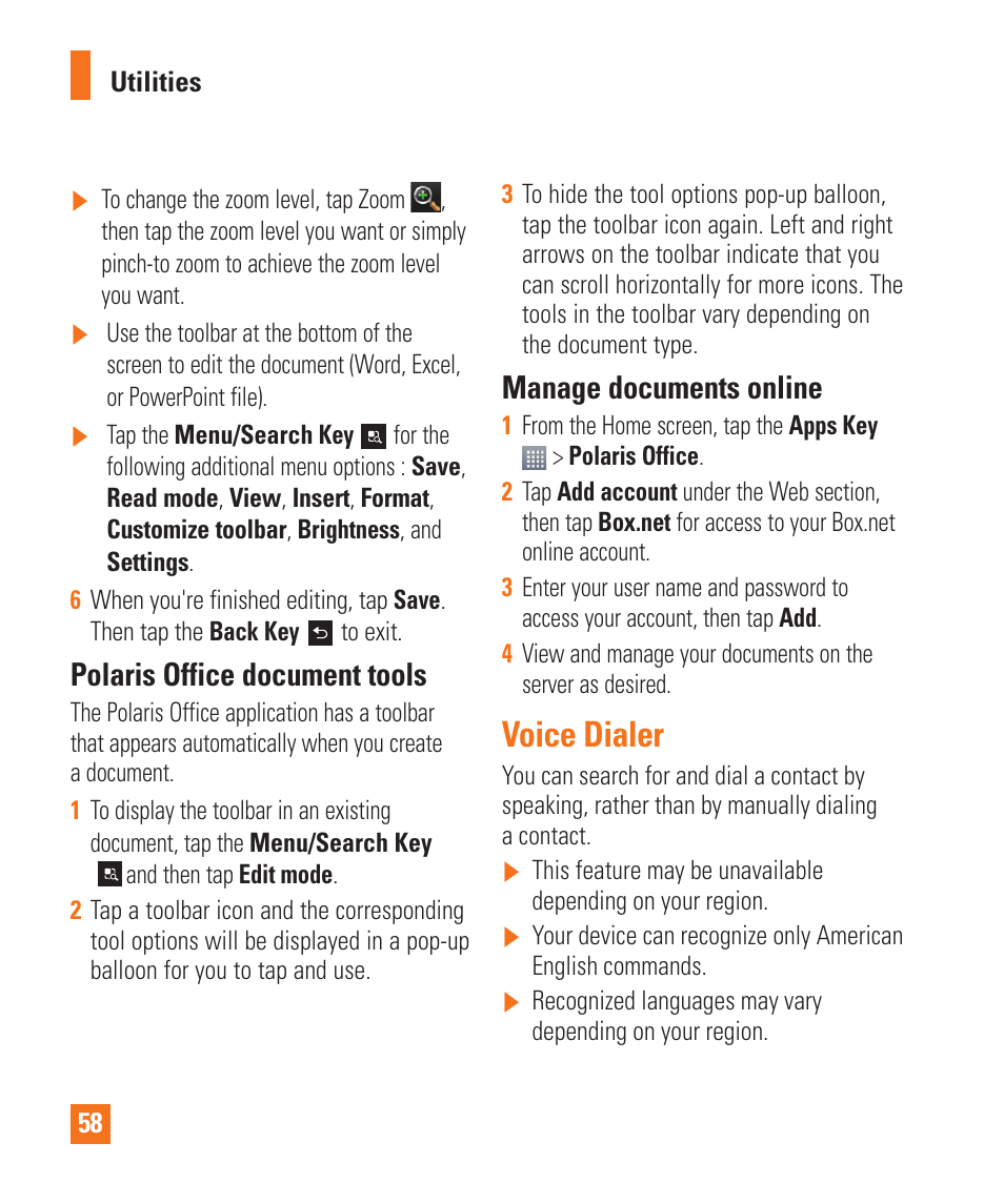 Voice dialer, Polaris office, Polaris office document tools | Manage documents online | LG LGP930 User Manual | Page 58 / 104
