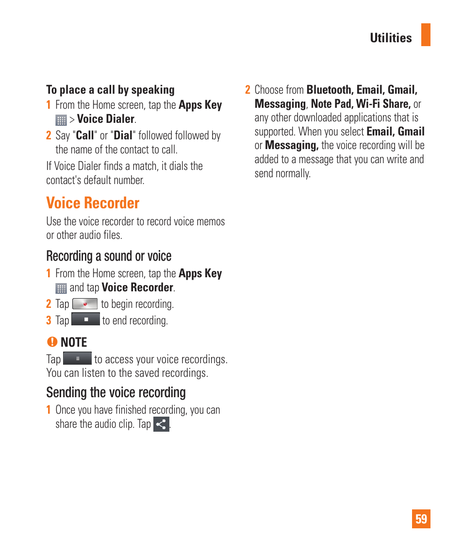 Voice recorder, Voice dialer, Recording a sound or voice | Sending the voice recording | LG LGP930 User Manual | Page 59 / 104