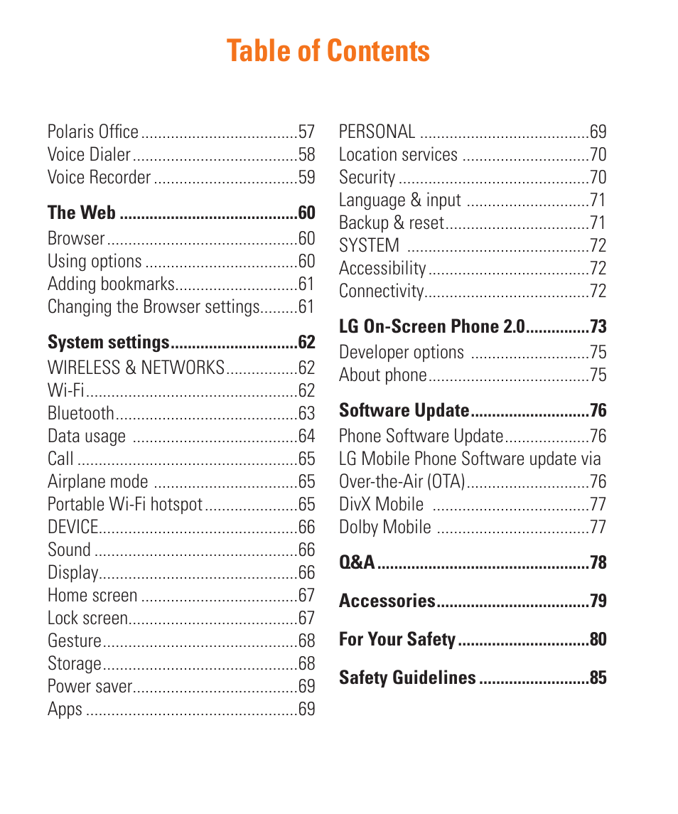 LG LGP930 User Manual | Page 6 / 104