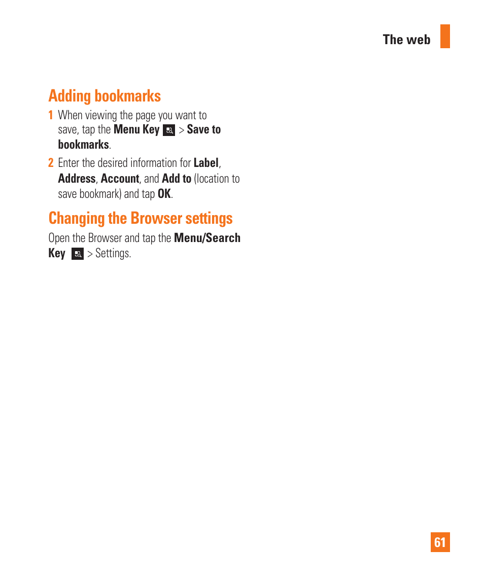 Adding bookmarks, Changing the browser settings, Using options | LG LGP930 User Manual | Page 61 / 104