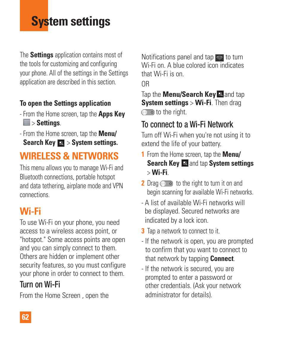 System settings, System settings wireless & networks, Wireless & networks | Wi-fi, Turn on wi-fi | LG LGP930 User Manual | Page 62 / 104