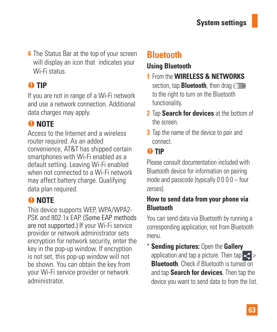 Bluetooth, Wi-fi | LG LGP930 User Manual | Page 63 / 104