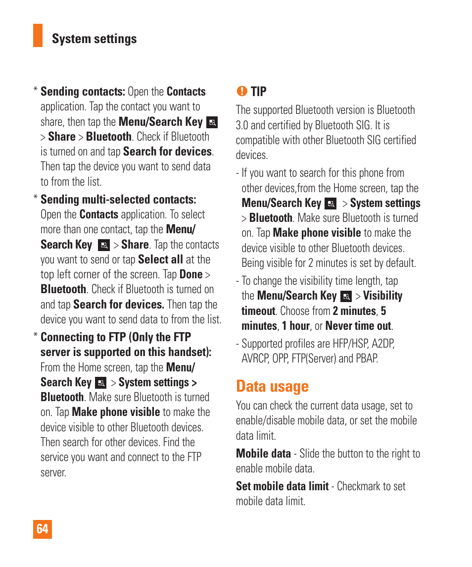 Data usage, Bluetooth | LG LGP930 User Manual | Page 64 / 104