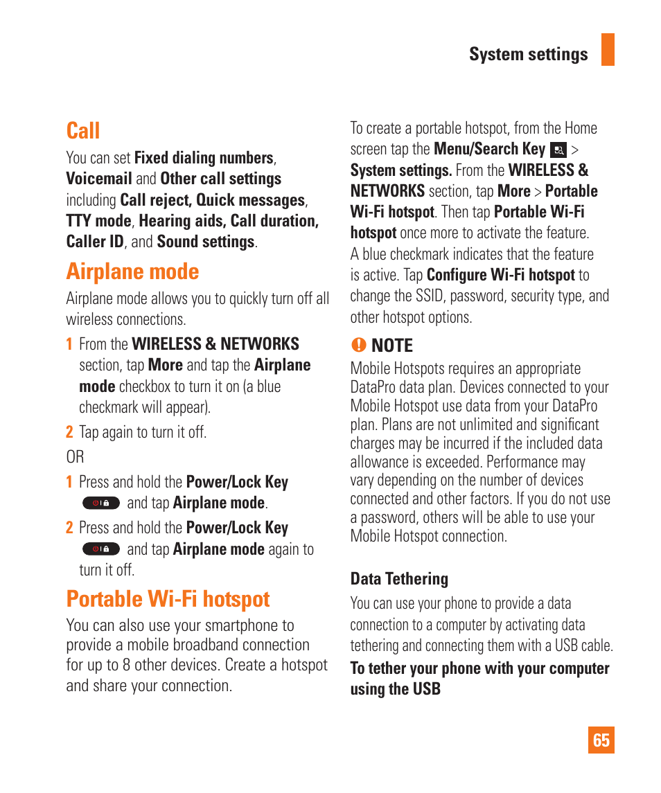 Call, Airplane mode, Portable wi-fi hotspot | Data usage | LG LGP930 User Manual | Page 65 / 104