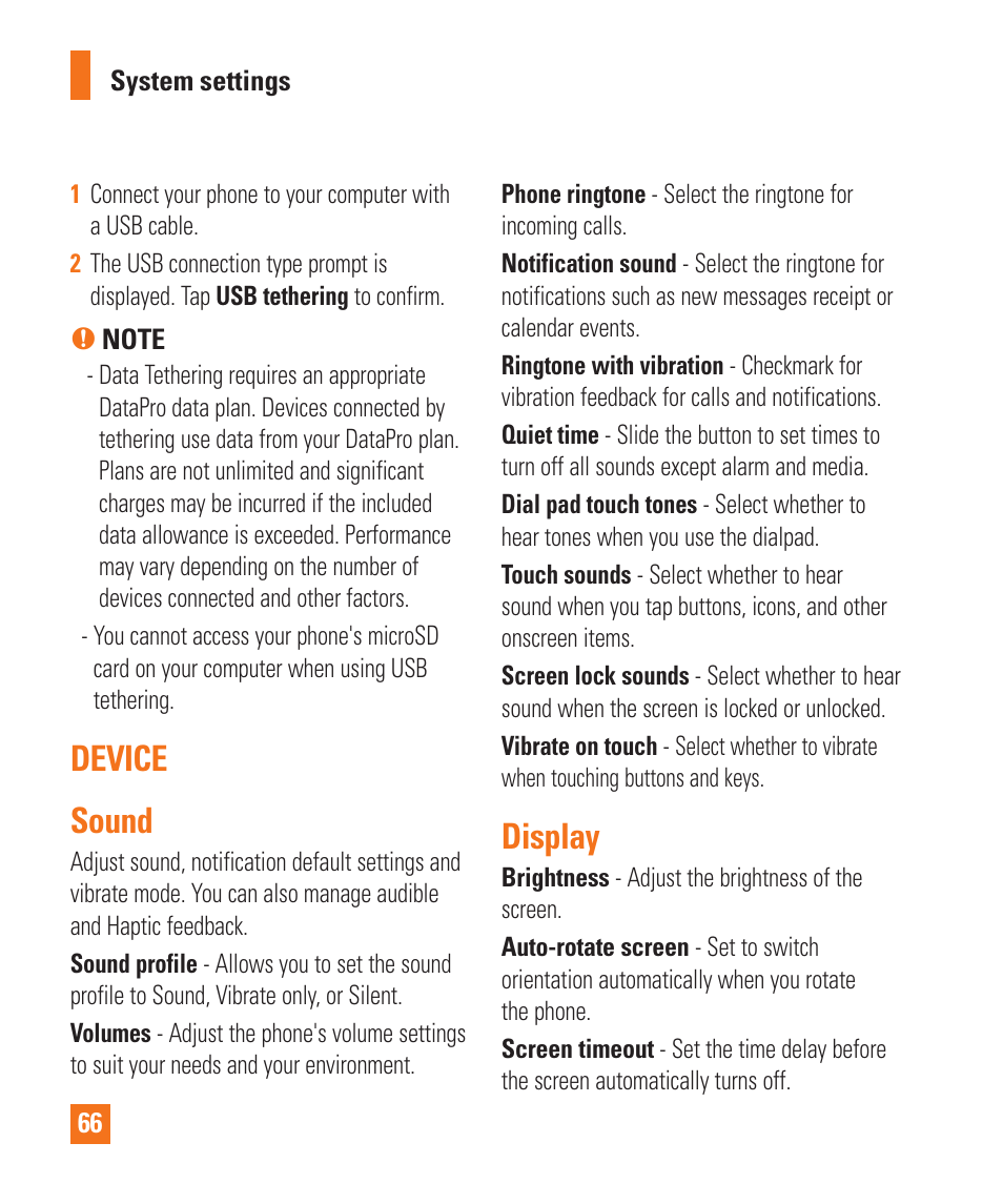 Device, Sound, Display | Portable wi-fi hotspot, Device sound | LG LGP930 User Manual | Page 66 / 104
