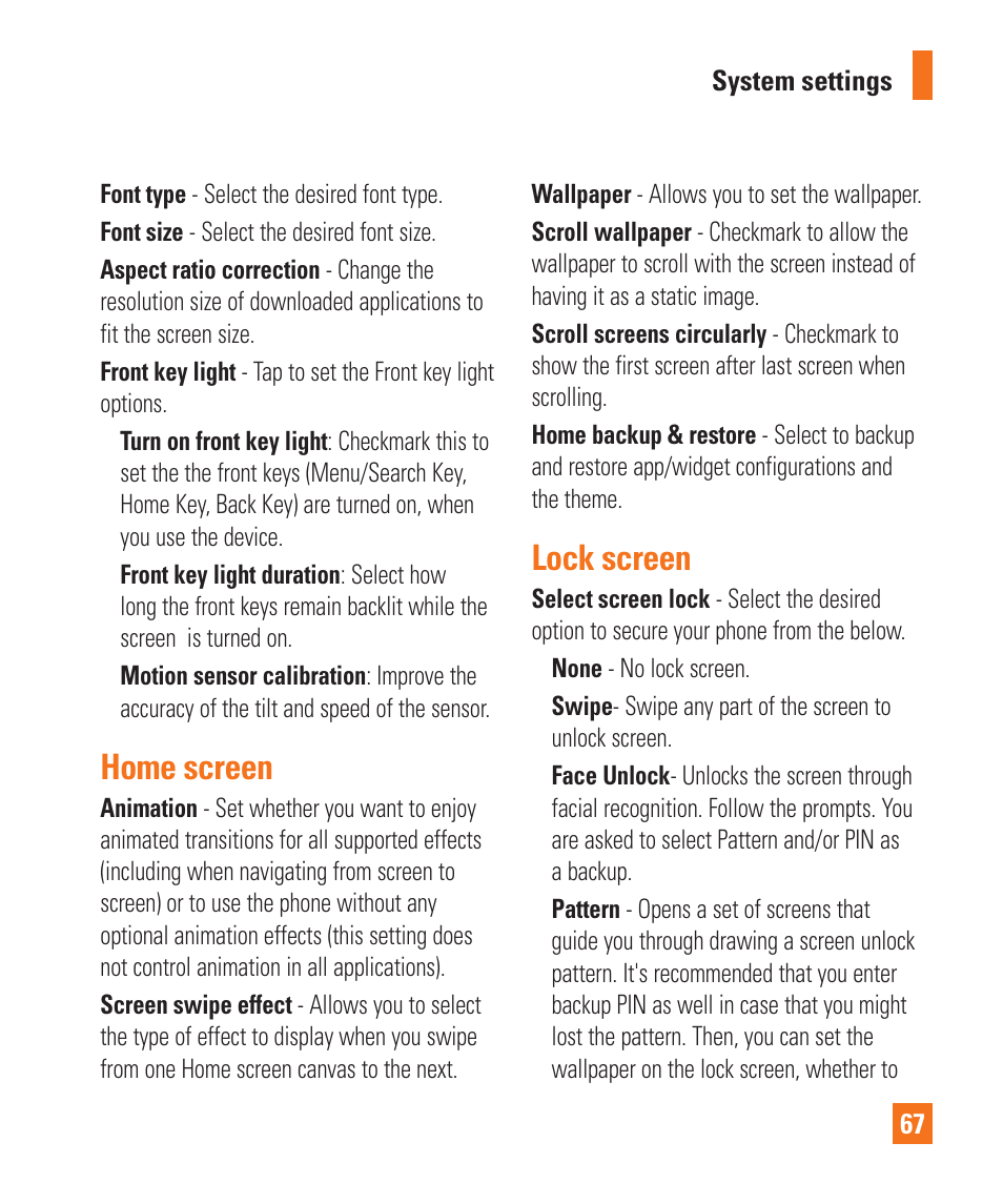 Lock screen, Display, Home screen | LG LGP930 User Manual | Page 67 / 104