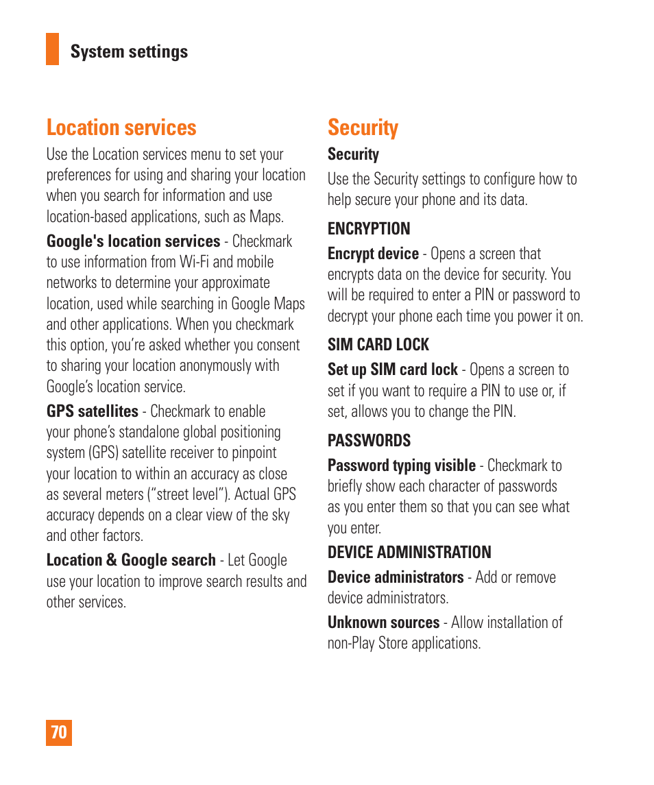 Location services, Security, Personal | LG LGP930 User Manual | Page 70 / 104