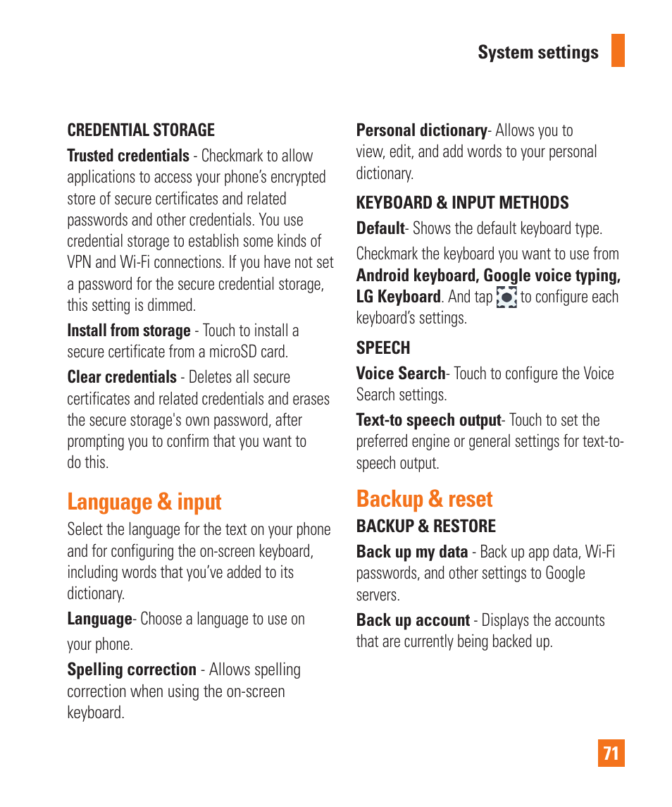 Language & input, Backup & reset, Security | LG LGP930 User Manual | Page 71 / 104