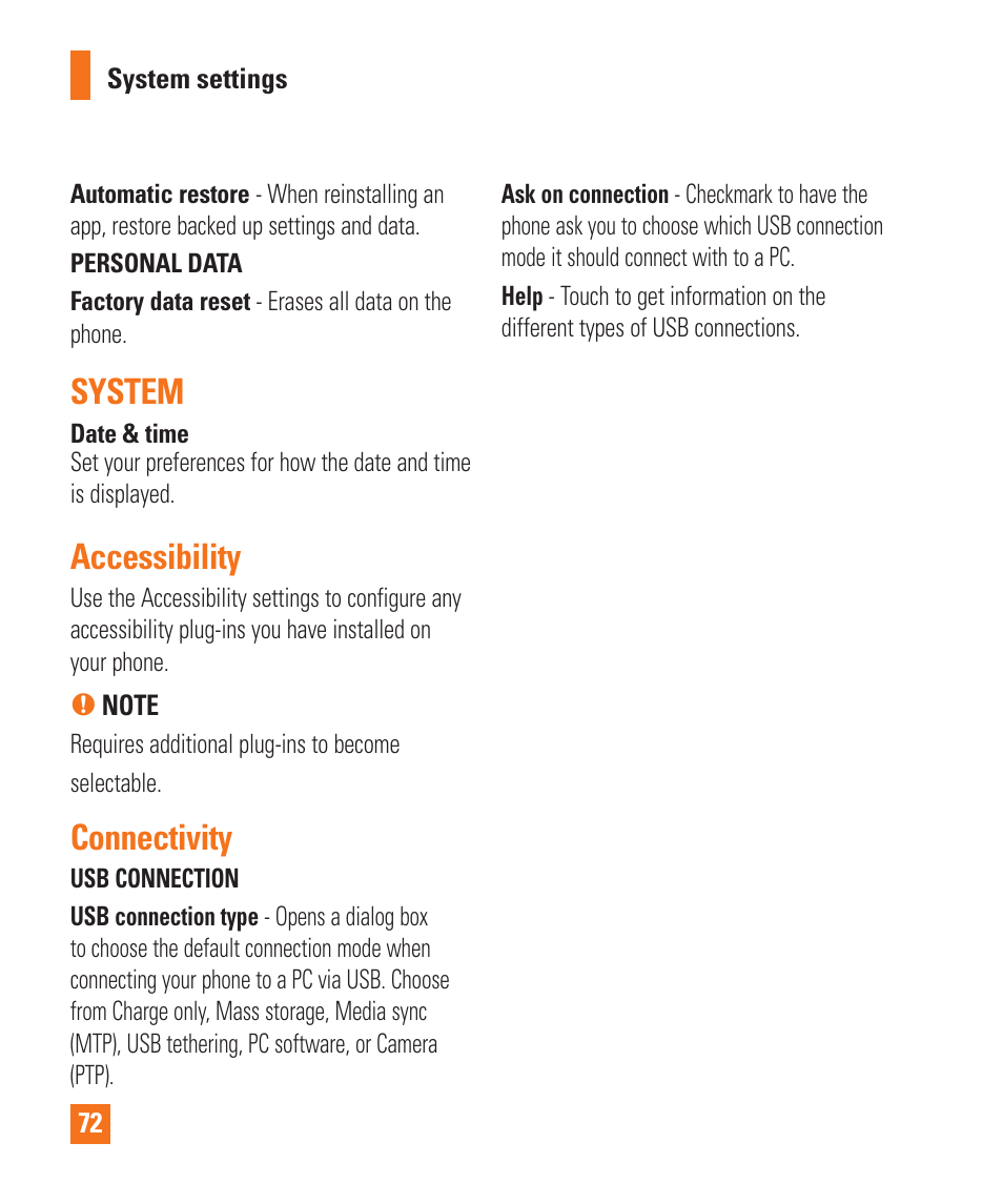 System, Accessibility, Connectivity | Backup & reset | LG LGP930 User Manual | Page 72 / 104