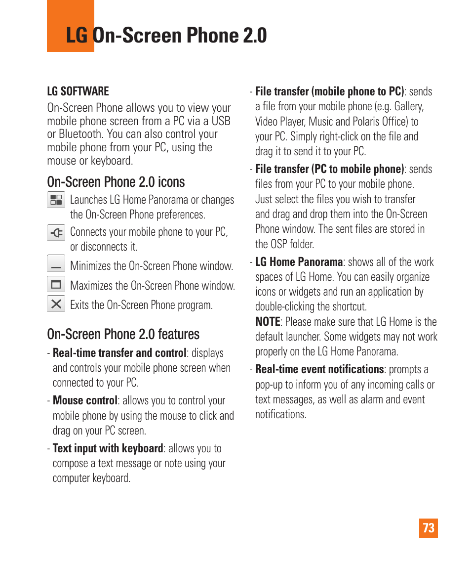 Lg on-screen phone 2.0, On-screen phone 2.0 icons, On-screen phone 2.0 features | LG LGP930 User Manual | Page 73 / 104