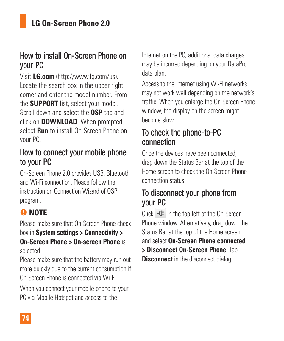 Developer options, Lg on-screen phone 2.0, How to install on-screen phone on your pc | How to connect your mobile phone to your pc | LG LGP930 User Manual | Page 74 / 104