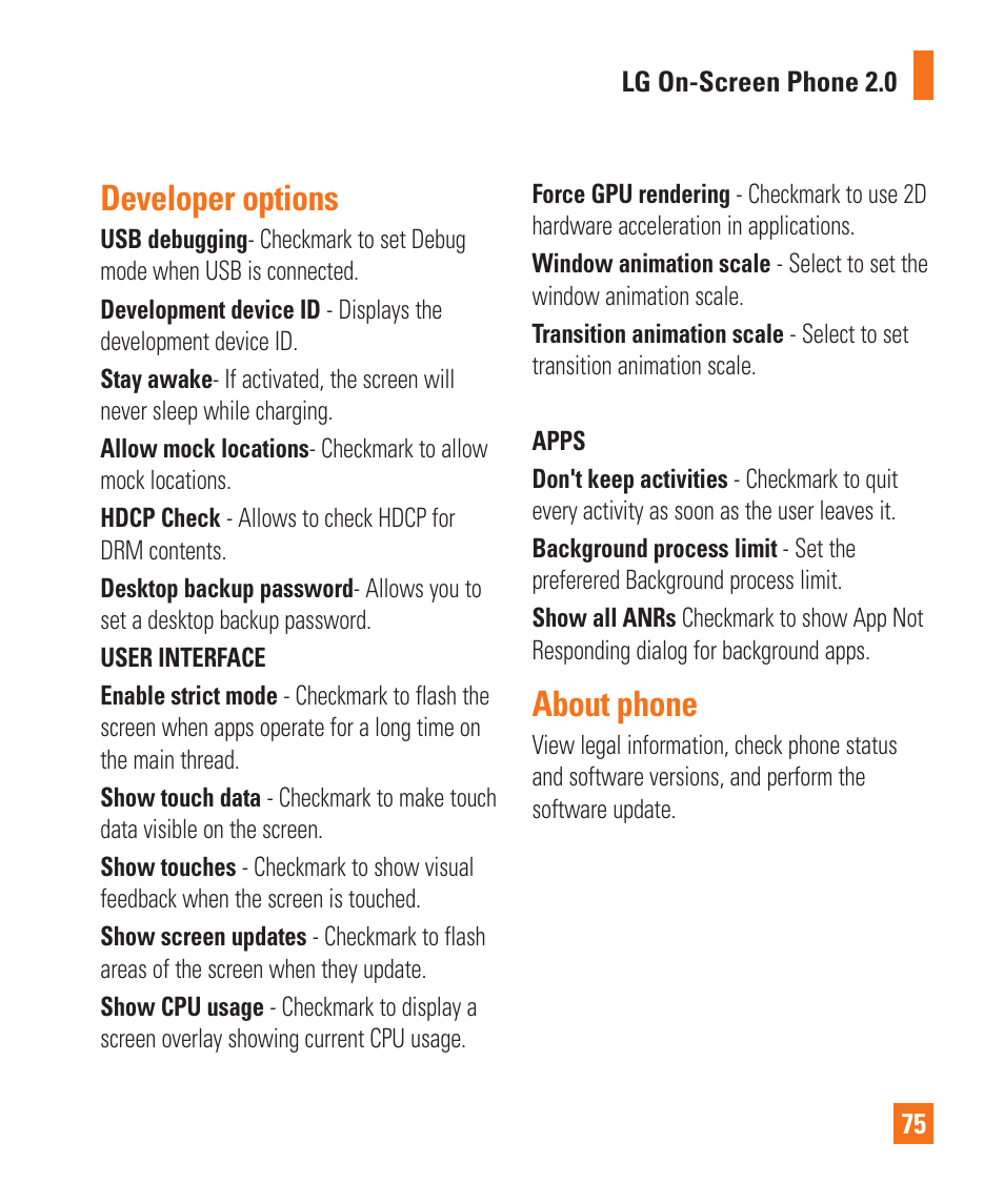 About phone, Developer options | LG LGP930 User Manual | Page 75 / 104