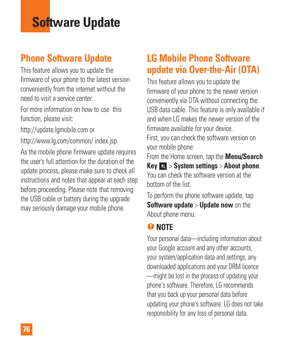 Software update, Software update phone software update, Lg mobile phone software update via | Phone software update | LG LGP930 User Manual | Page 76 / 104