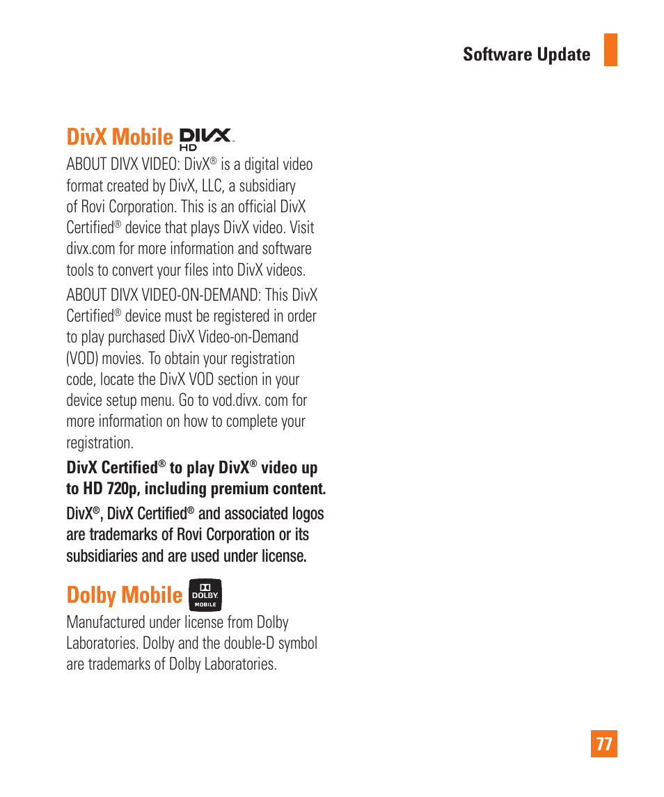 Divx mobile, Dolby mobile, Over-the-air (ota) | LG LGP930 User Manual | Page 77 / 104