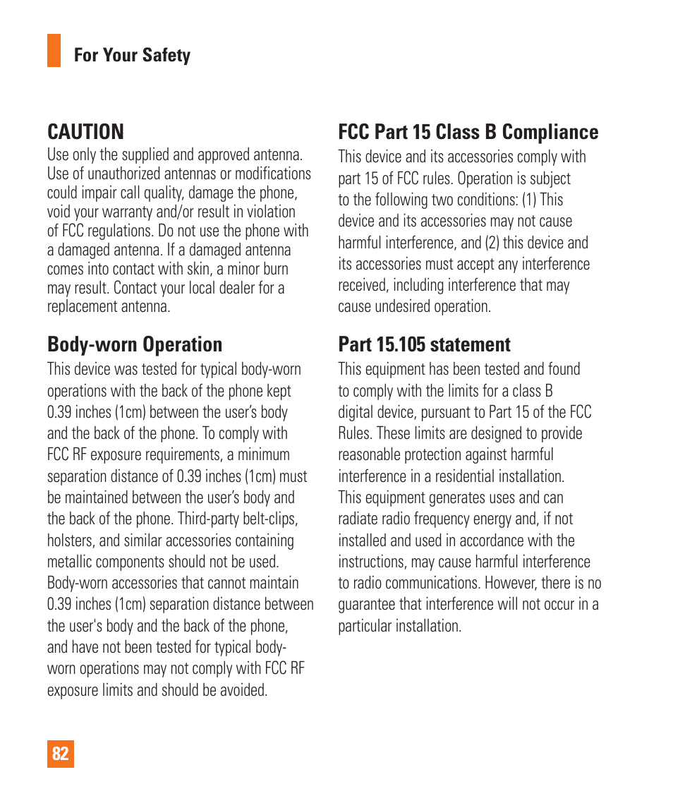 Caution, Body-worn operation, Fcc part 15 class b compliance | LG LGP930 User Manual | Page 82 / 104