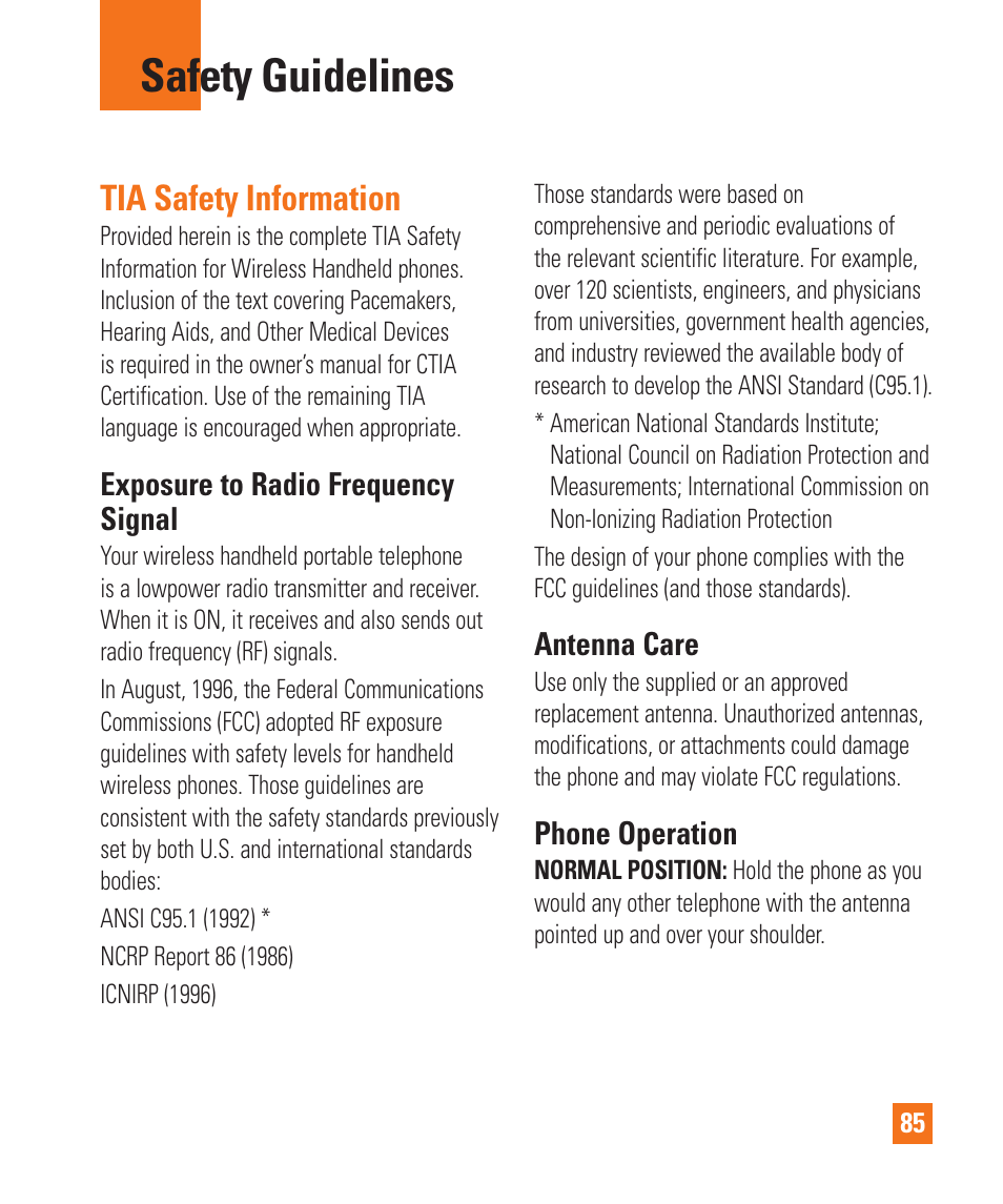 Safety guidelines, Tia safety information, Exposure to radio frequency signal | Antenna care, Phone operation | LG LGP930 User Manual | Page 85 / 104