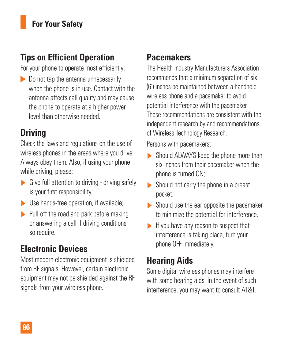 Tips on efficient operation, Driving, Electronic devices | Pacemakers, Hearing aids | LG LGP930 User Manual | Page 86 / 104