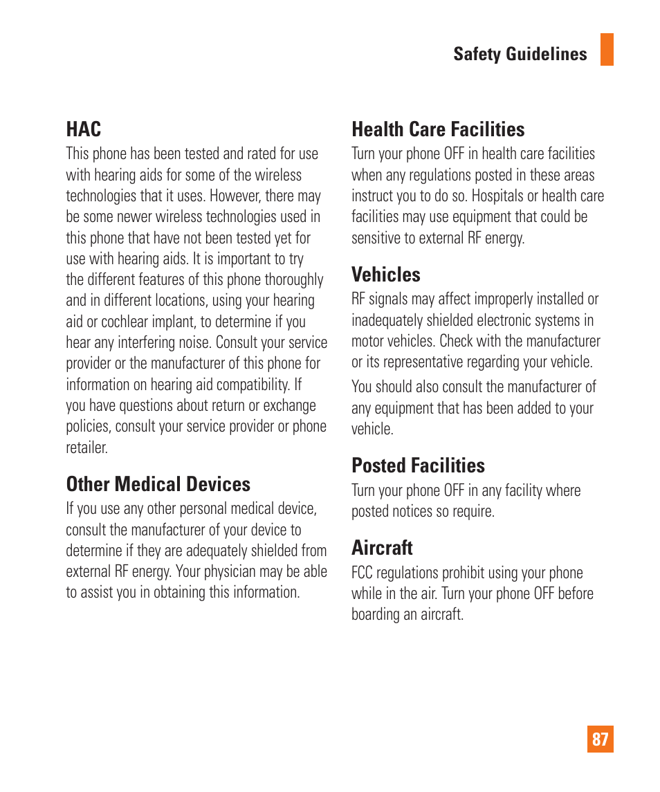 Other medical devices, Health care facilities, Vehicles | Posted facilities, Aircraft | LG LGP930 User Manual | Page 87 / 104