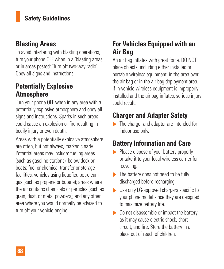Blasting areas, Potentially explosive atmosphere, For vehicles equipped with an air bag | Charger and adapter safety, Battery information and care | LG LGP930 User Manual | Page 88 / 104