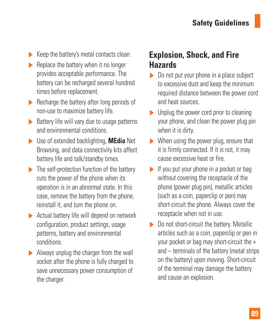 Explosion, shock, and fire hazards | LG LGP930 User Manual | Page 89 / 104