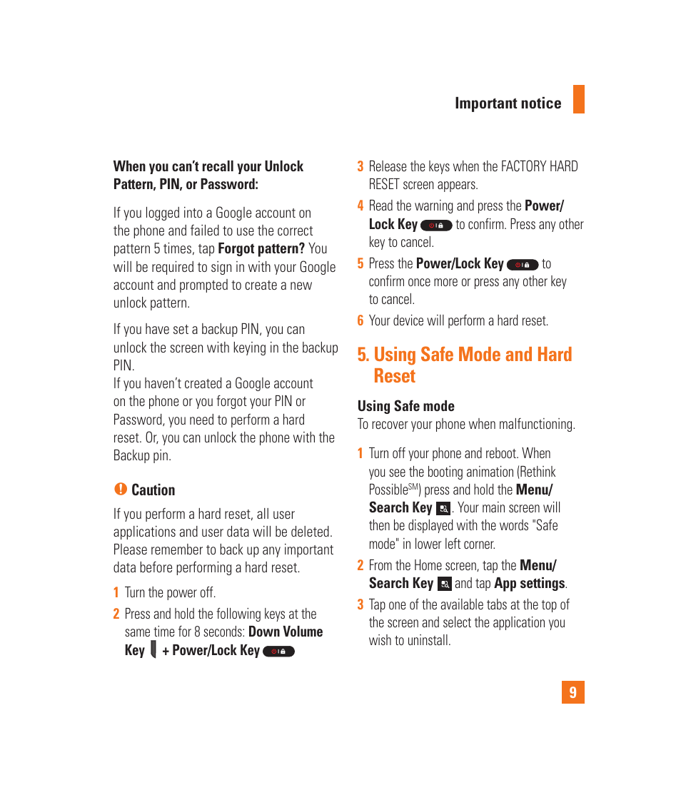 Using safe mode and hard reset | LG LGP930 User Manual | Page 9 / 104