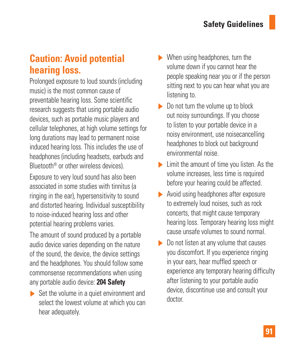 Caution: avoid potential hearing loss | LG LGP930 User Manual | Page 91 / 104