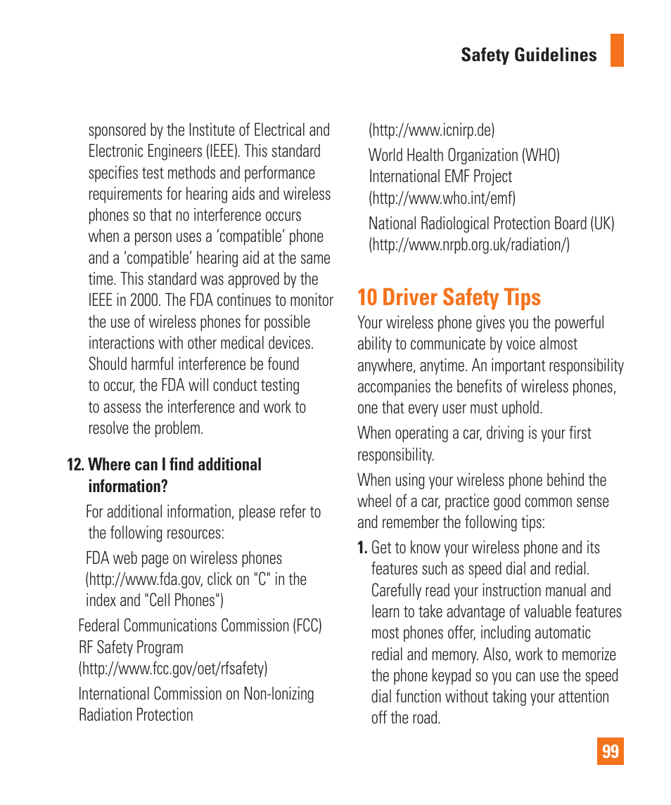 10 driver safety tips | LG LGP930 User Manual | Page 99 / 104