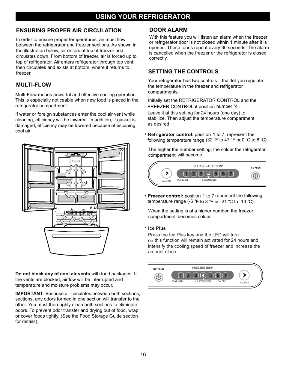 Using your refrigerator, Ensuring proper air circulation, Multi-flow | Door alarm, Setting the controls | LG LFC23760ST User Manual | Page 15 / 33