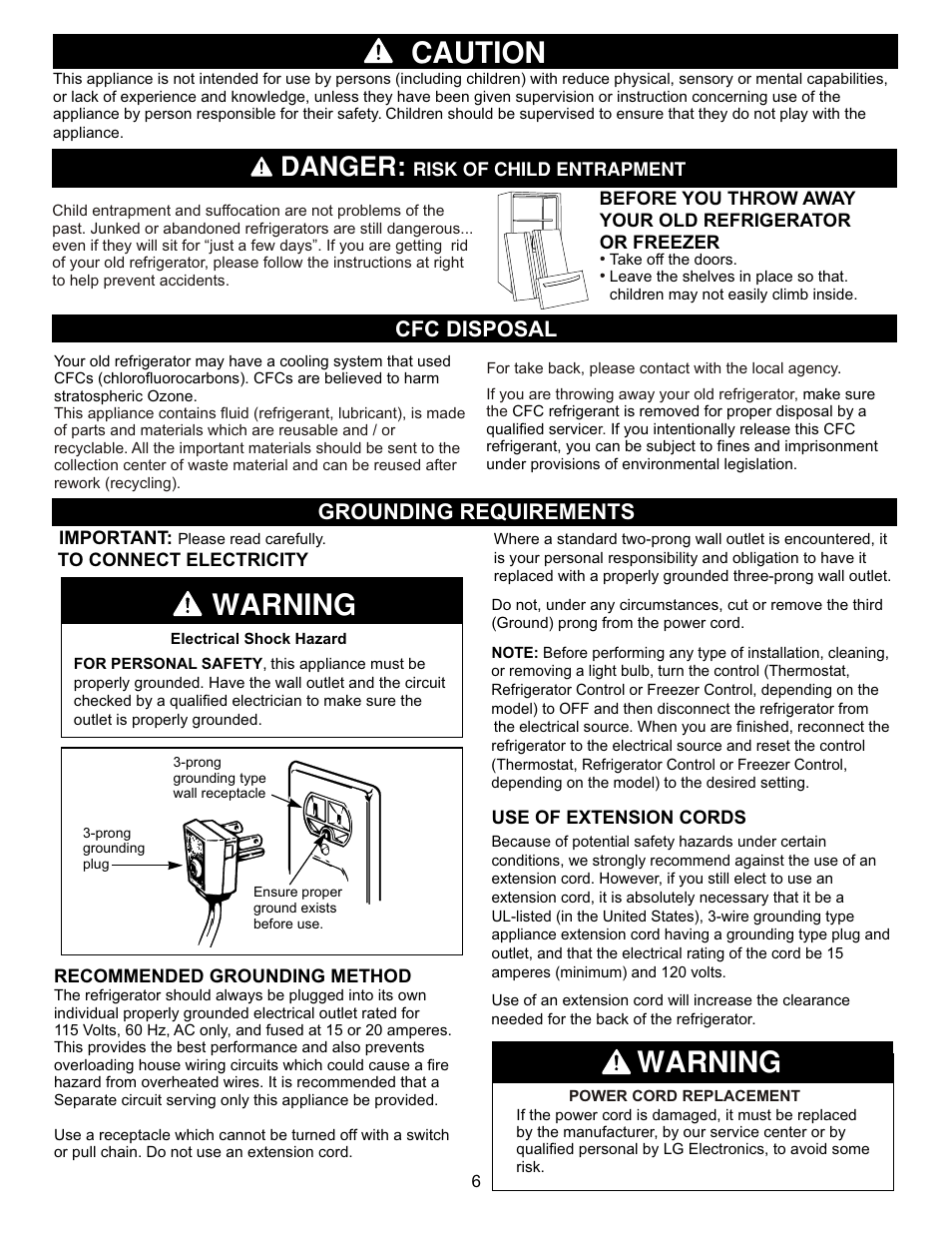 Warning, Caution, Danger | Cfc disposal grounding requirements | LG LFC23760ST User Manual | Page 5 / 33