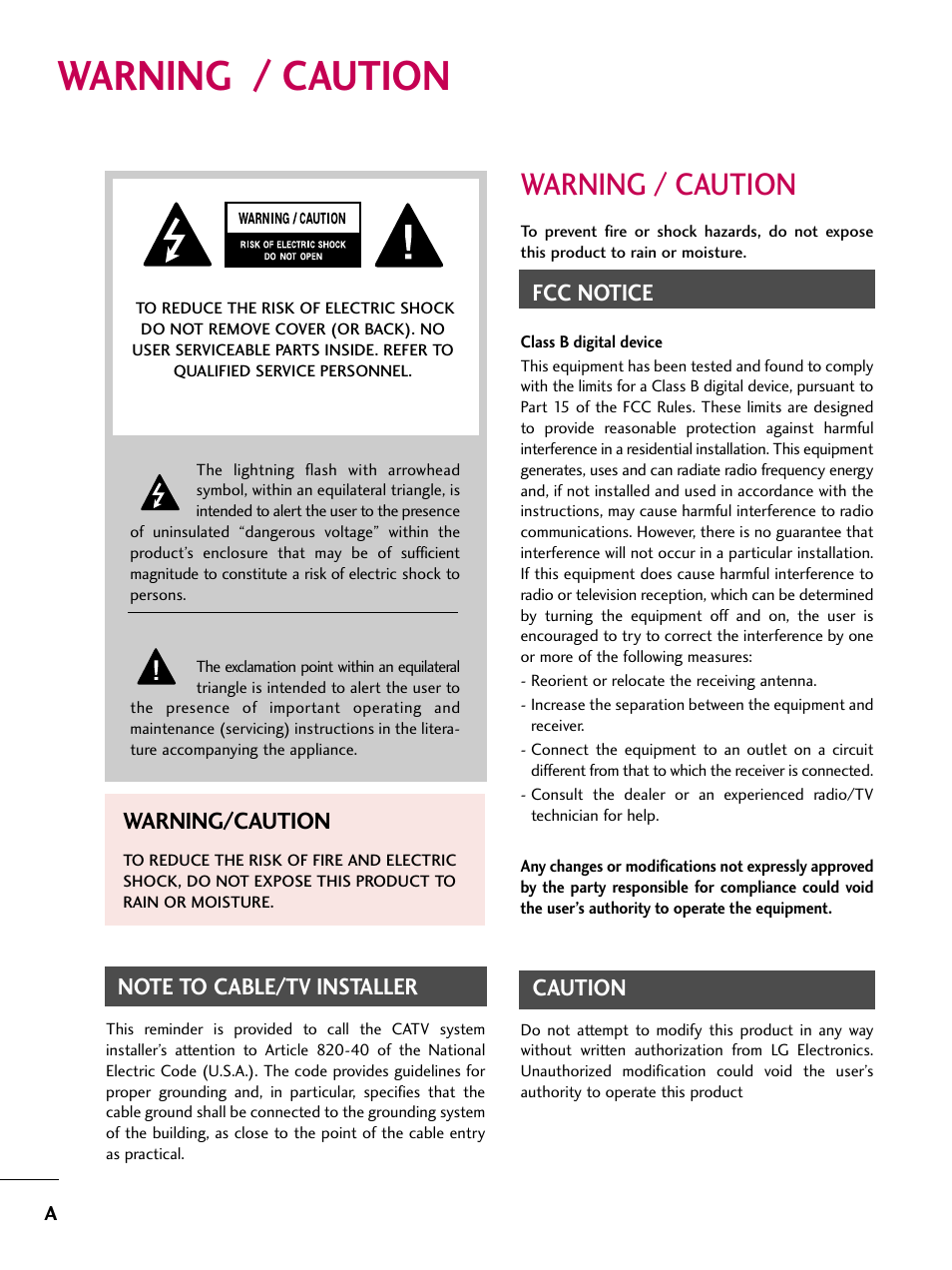 Warning / caution, Fcc notice, Caution | Warning/caution | LG 26LG30 User Manual | Page 2 / 116