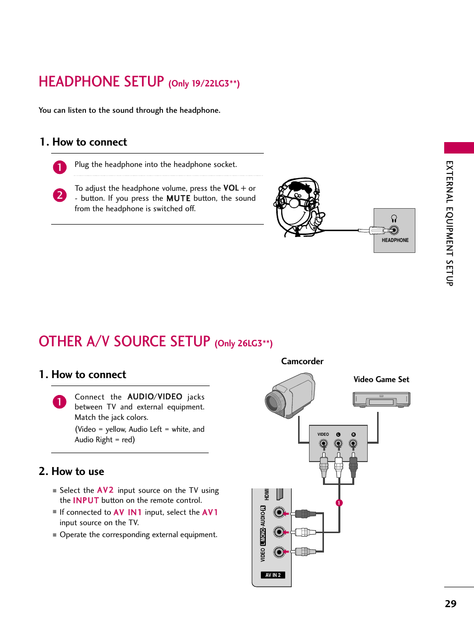 Headphone setup (only 19/22lg3**), Other a/v source setup (only 26lg3**), Headphone setup | Other a/v source setup, How to connect 2. how to use, How to connect | LG 26LG30 User Manual | Page 31 / 116