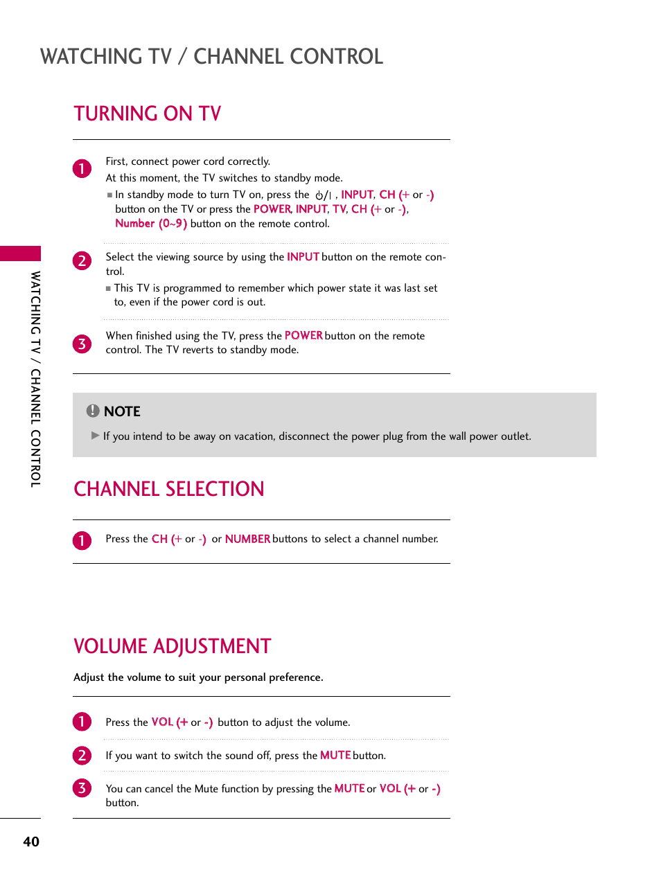 Turning on tv, Channel selection, Volume adjustment | Watching tv / channel control, Volume adjustment channel selection | LG 26LG30 User Manual | Page 42 / 116